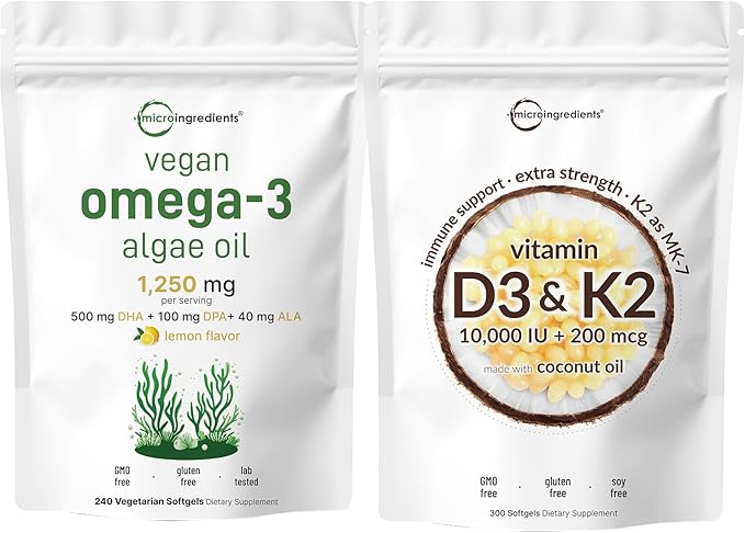 Micro Ingredients Vitamin D3 10000iu + K2 200mcg Coconut Oil Softgels &amp Vegan Omega 3 Algae Oil Supplement Bundle 2 Pack | Essential Sunshine Vitamins | Omega-3 Full Spectrum Alternative to Fish