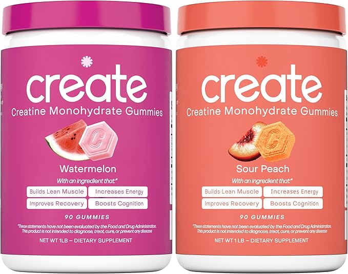Create Creatine Monohydrate Gummies - Beach Day Duo - Sour Peach &amp Watermelon - Creatine Gummies for Women &amp Men NSF Certified 3rd Party Tested Anti-Melting Formula 180 Count (2-Pack)