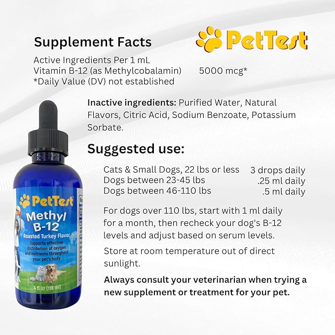 PetTest Methyl B12 Vitamin Liquid Drops 4fl oz (5000 MCG) Supplement with Methylcobalamin for Diabetic Pets Maximum Absorption to Increase Energy for Dogs and Cats