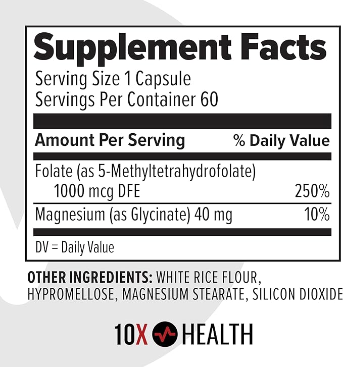 10X Health 5-MTHF Methylfolate - Methylated Folate &amp Magnesium for Brain Heart Health DNA &amp Neurotransmitter Synthesis - Bioavailable Methyl Folate Supplement - Methylfolate Supplement 60 Ca