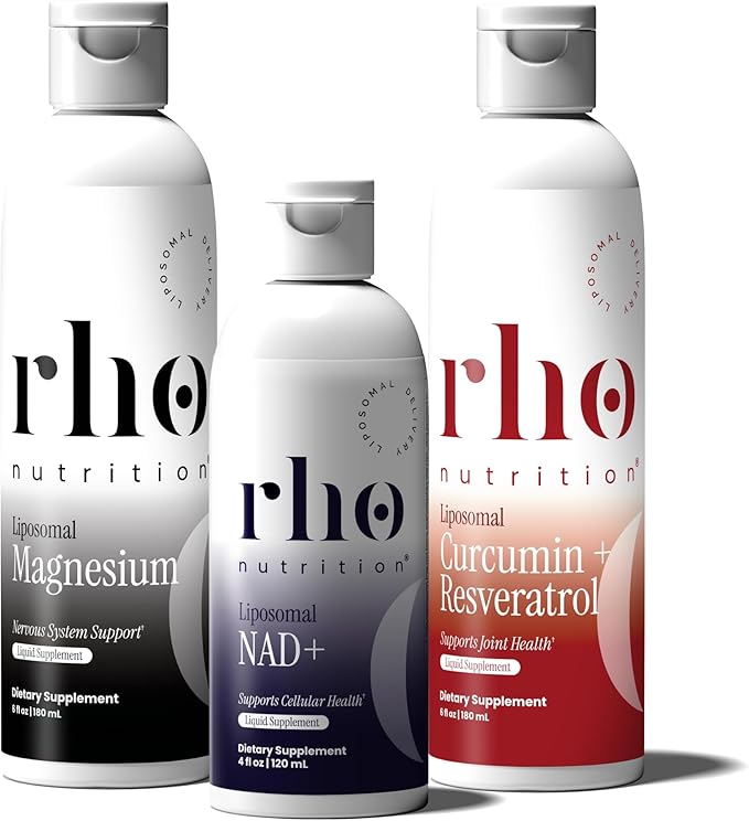Rho Daily Essentials Wellness Bundle - Start Your Day Recover in the Afternoon and Decompress at Night with High Absorption Liposomal Supplements – NAD+ Curcumin + Resveratrol &amp Magnesium (3 P