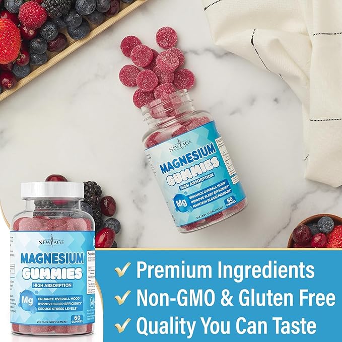 Magnesium Gummies - Calming Anti-Stress Gummies Magnesium Supplement for Adults and Kids Vegan Gelatin-Free Gluten-Free Non-GMO Delicious Natural Raspberry Flavor- 180 Count - by New Age