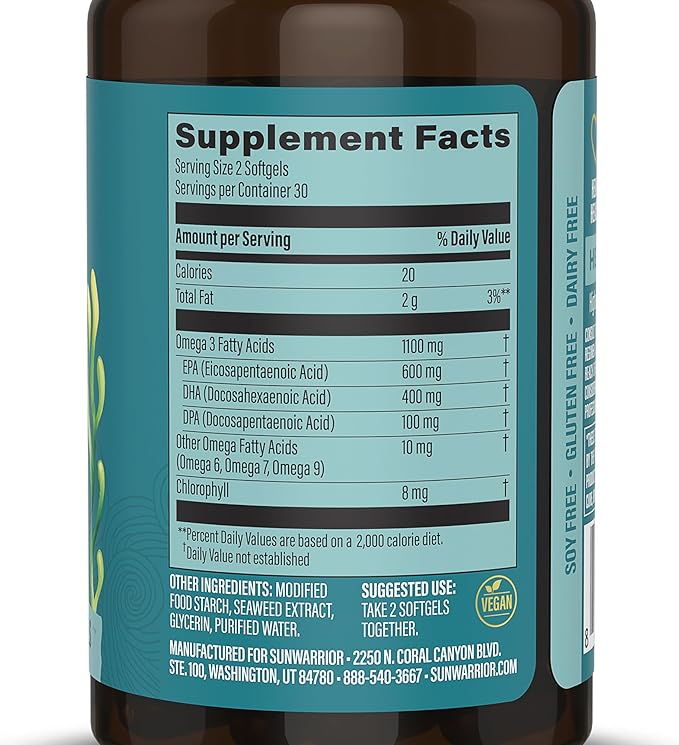 Sunwarrior Vegan Omega 3 DHA &amp EPA Supplement Algal Oil Preferred Alternative to Fish Oil Supports Brain Eye Joint &amp Heart Health (60 Count)