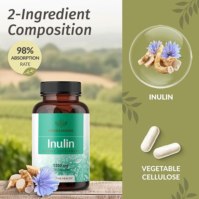 HERBAMAMA Inulin Powder Capsules 1200mg - Digestive Support &amp Gut Cleanse with Inulin Prebiotic Fiber - Vegan Non-GMO Chicory Root Powder Supplement