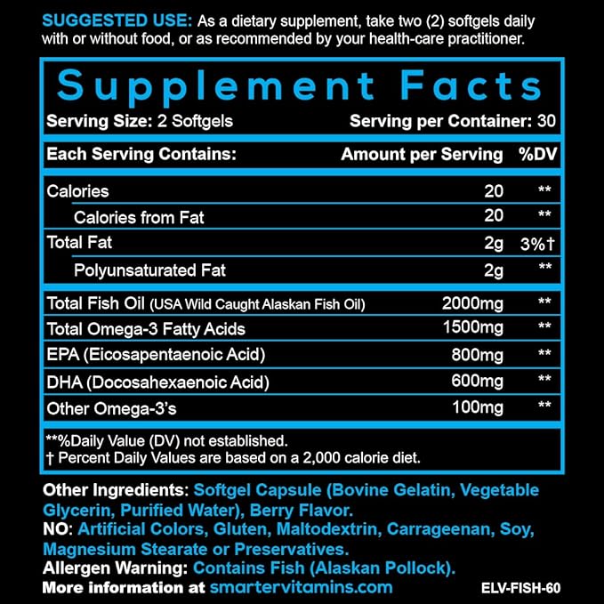 (3 Pack) Smarter Omega 3 Fish Oil Berry Flavor Burpless Tasteless 2000mg DHA EPA Triple Strength Brain Made with AlaskOmega®
