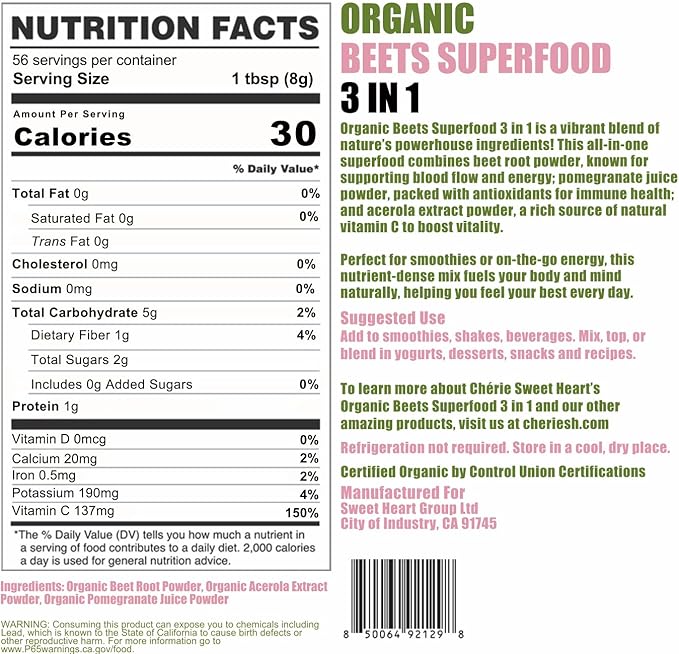 Cherie Sweet Heart USDA Organic Beets Superfood Powder 3-in-1 Nitric Oxide Support Healthy Blood Pressure and Blood Circulation 454g 16 oz Pouch