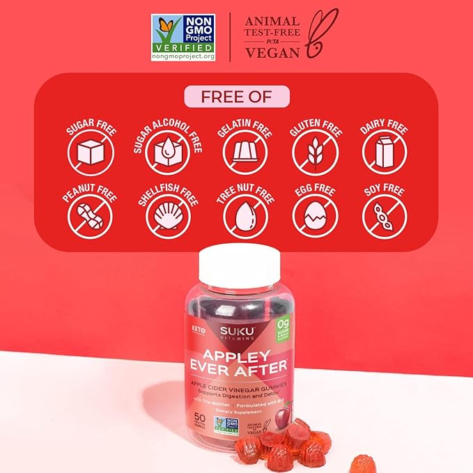 SUKU Appley Ever After Gummies – Apple Cider Vinegar with Methylated B12 &amp Folate – Sugar-Free Gluten-Free Vegan Detox &amp Energy Support – Amazing Apple Flavor – 50 Count