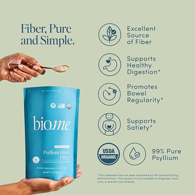 Bio.me Psyllium Husk Fiber Unflavored (6g Per Serving) - Gluten-Free Fiber Supplement for Women &amp Men - Psyllium Husk Powder for Healthy Digestion Bowel Regularity &amp Bloating Relief - 45 Serv