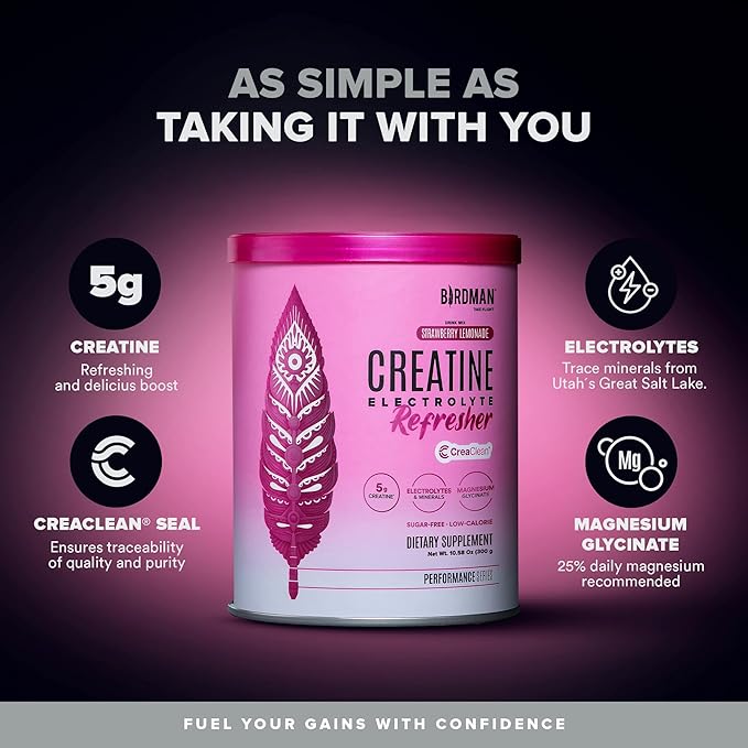 BIRDMAN Creatine Refresher | Creatine Monohydrate Powder with Electrolytes Magnesium Glycinate &amp Vitamins | Creaclean Seal | Sugar Free Low Calorie | Strawberry Lemonade | 30 Servings