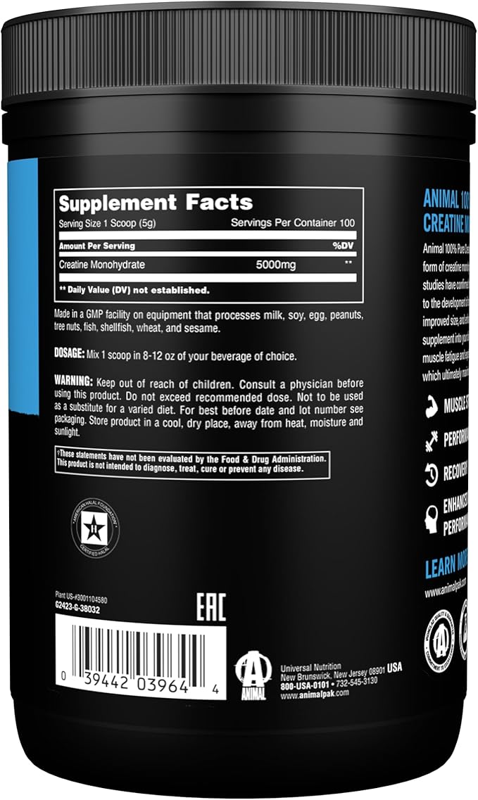 Animal Micronized Creatine Monohydrate Powder Unflavored 1.1 lb (500 g)