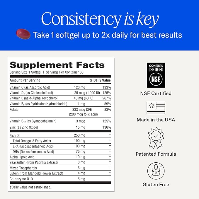 EyePromise Restore Eye Health Supplements - 60 Softgels 30-Day Supply - Omega 3 Supplement for Aging Eyes with Lutein and Zeaxanthin Fish Oil EPA DHA &amp Eye Vitamins and Nutrients