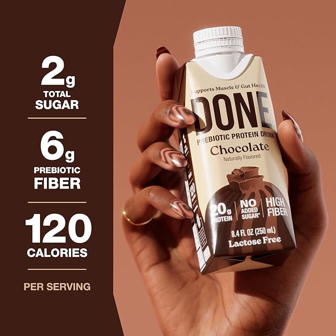 Done Prebiotic Protein Drink Chocolate 20G Whey Protein High Fiber Protein Shake With Prebiotics Gluten Free Lactose Free No Added Sugar Natural Flavor Non GMO 8.4 FL Oz Each 15 Pack