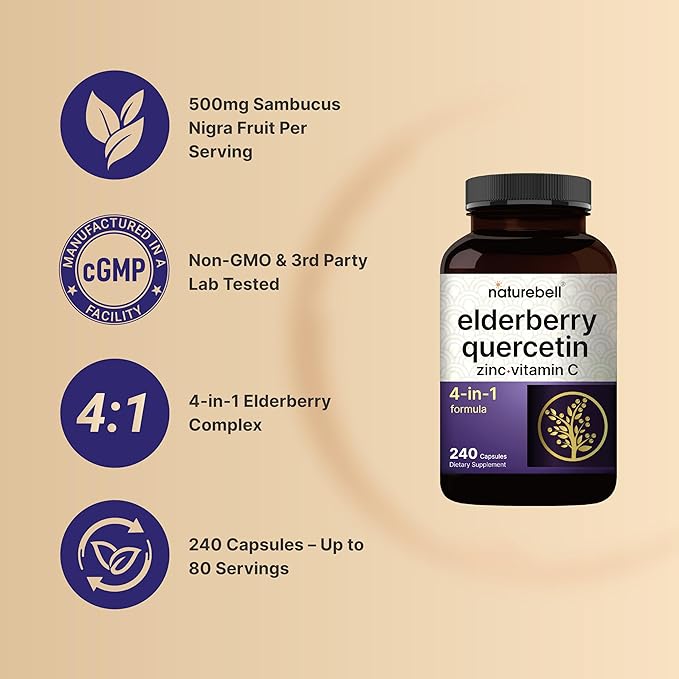 NatureBell Elderberry Quercetin 4-in-1 with Vitamin C &amp Zinc 240 Capsules | Traditional Herbal Supplement | 500mg Sambucus Nigra 500mg Quercetin 250mg Vitamin C 50mg Zinc Picolinate per Servin