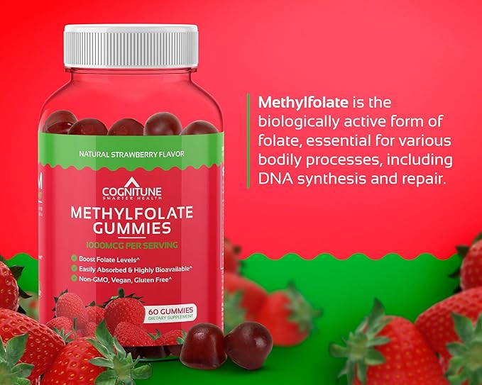 CogniTune Methylfolate Gummies - Easy to Take High Potency L-Methylfolate Folate Supplement for Brain Heart Health &amp Immunity Delicious Strawberry Flavor Non-GMO Vegan Gluten-Free