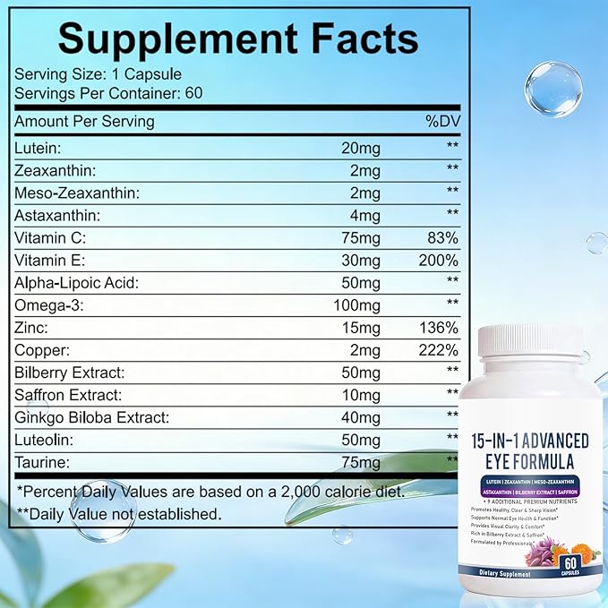 15 in 1 Advanced Eye Formula - Eye Vitamin and Mineral Supplement with Lutein Zeaxanthin Zinc &amp Bilberry Extract - Vision &amp Focus Support 60 Capsules