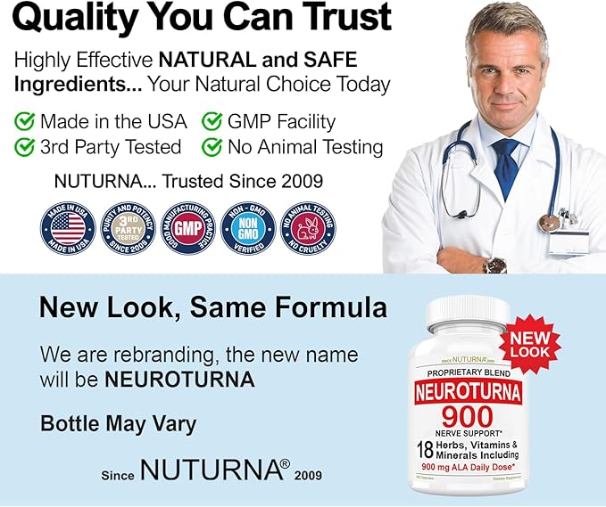 Neuroturna Support Supplement with 900 mg Alpha Lipoic Acid - Advanced ALA Formula for Feet Hands Fingers Legs - Ultra Potent 18 in 1 Natural Vitamins - 180 Capsules