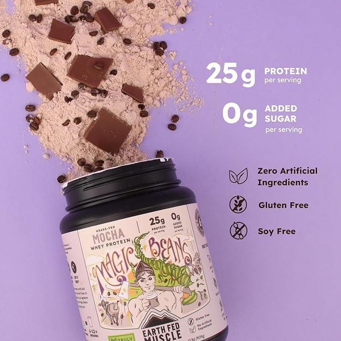 Earth Fed Muscle Magic Beans Mocha Truly Grass Fed Whey Protein Powder - No Artificial Ingredients Soy Free Gluten Free Non-GMO and Hormone Free (2 Pound 29 Servings Mocha)