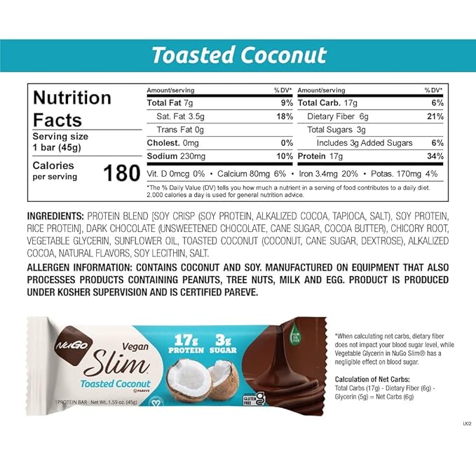 NuGo Slim 24ct Vegan Variety - Crunchy Peanut Butter 12 bars &amp Toasted Coconut 12 bars Low Net Carb Keto Friendly 16-17g Plant Based Protein Keto Friendly Gluten Free 24 count