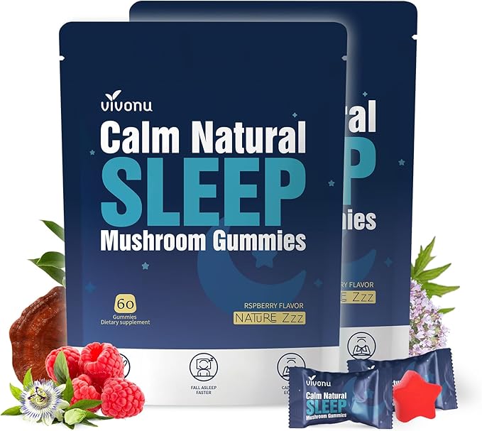 VivoNu Melatonin Free Sleep Gummies with L-Theanine Magnesium Reishi Mushroom | Non-Habit Forming Sleep Aid | Non-GMO Sleep Support Gummy for Women &amp Men | Raspberry Flavor