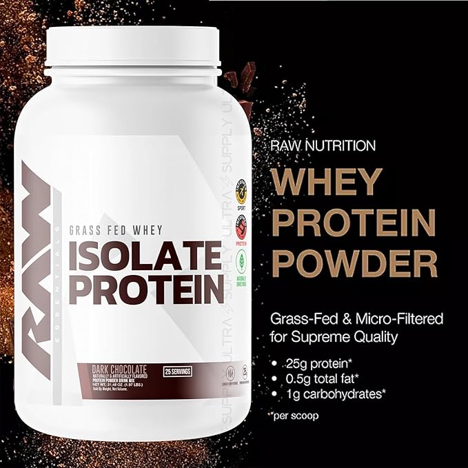 RAW 25g Grass-Fed Whey Isolate Protein Powder Dark Chocolate Flavor 25 Servings