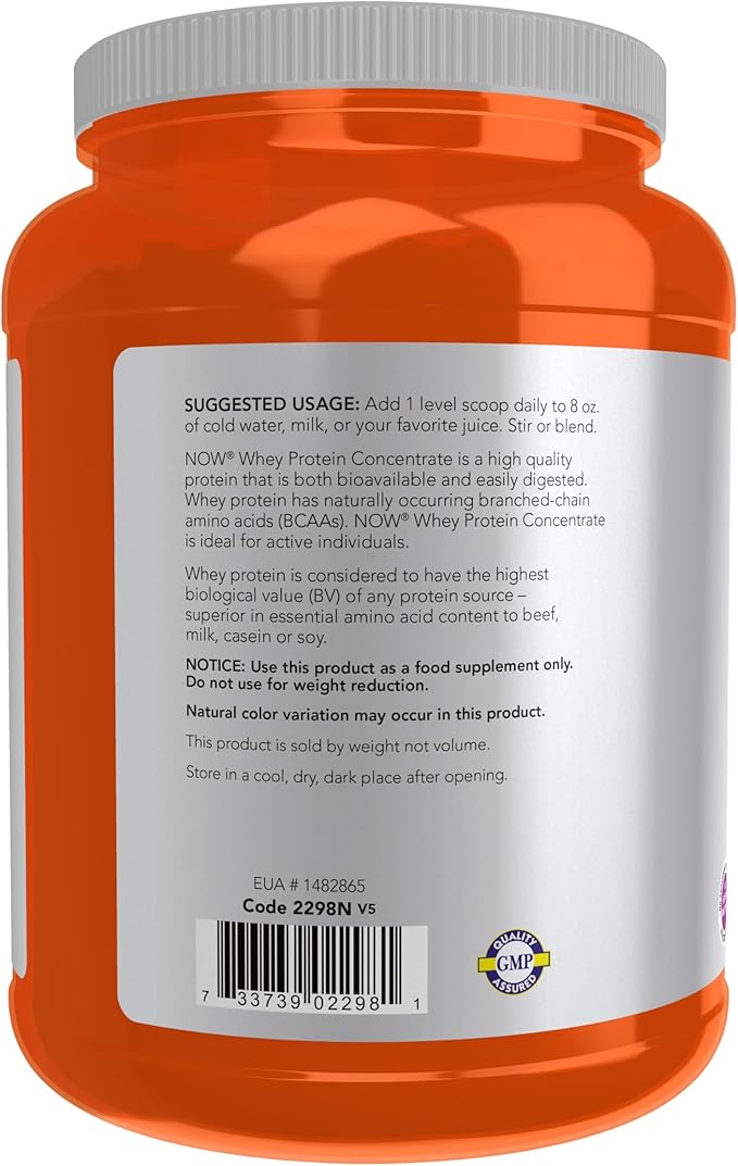 NOW Foods Sports Nutrition Whey Protein Concentrate 24 g With BCAAs Unflavored Powder 1.5-Pound