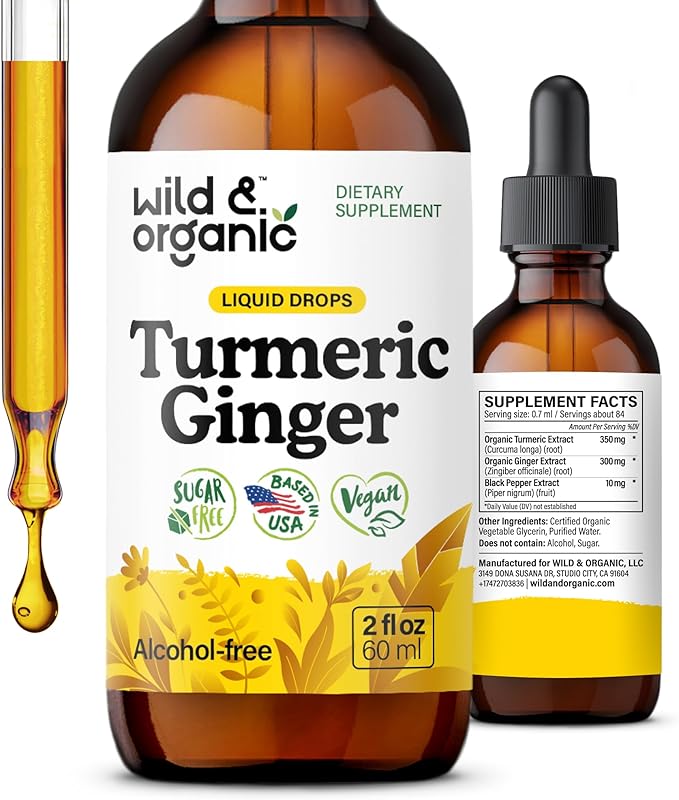 Wild &amp Organic Turmeric and Ginger Supplement Drops - Joint &amp Immune Support - Liquid Turmeric with Ginger and Black Pepper Extract - Curcumin Supplement - Vegan Sugar &amp Alcohol-Free Tinc