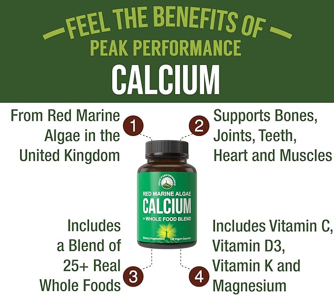 Plant Based Calcium - Red Marine Algae Calcium Supplement with Vitamin C D3 K Magnesium and Whole Food Vegetable Blend. Vegan Capsules for Bones and Joints. 120 Pills Tablets