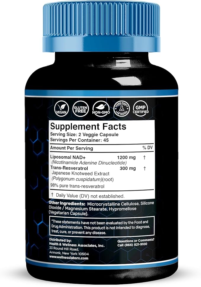 WELLNESS LABSRX Liposomal NAD Supplement 1500mg - USA Made NAD Resveratrol Supplement for Women and Men NAD+ Support Cellular Health Energy &amp Anti Aging - 2 Pack
