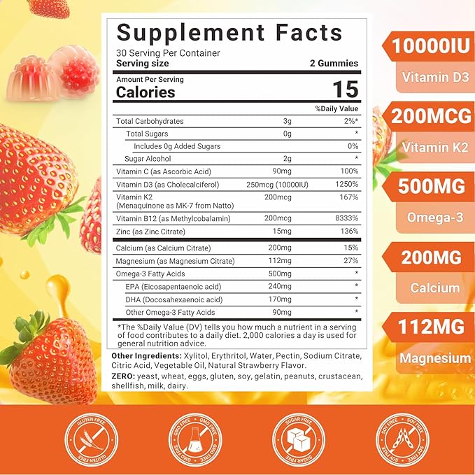 Vitamin D3 K2 Gummies Sugar Free D3 K2 Vitamin with Omega 3 Calcium Magnesium for Bone Muscle Teeth Immune