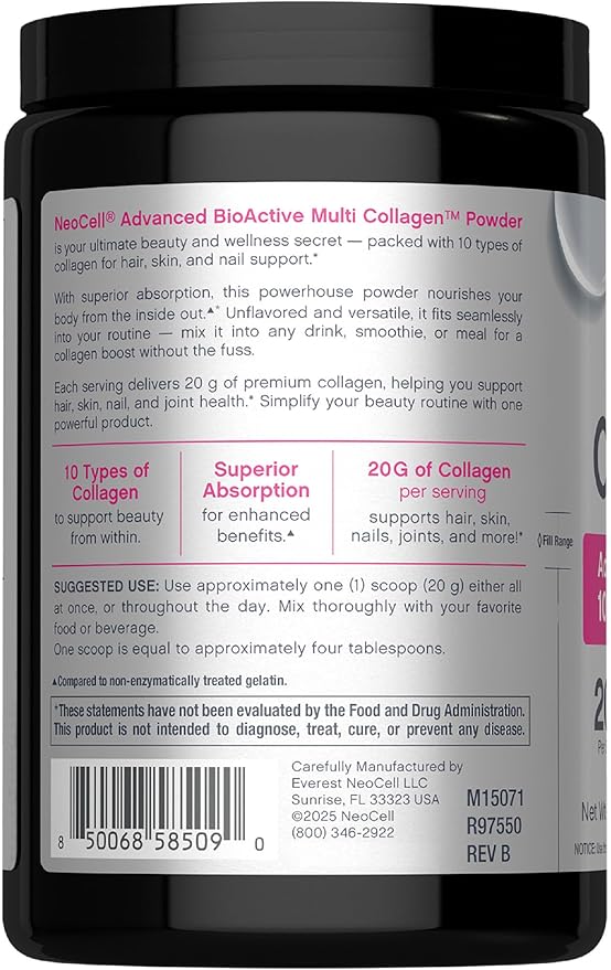 NeoCell Super Multi Collagen Peptides Powder | 9oz | 10 Types of Collagen | Skin Hair and Nails | Beauty Supplement | Unflavored Powder | For Women and Men