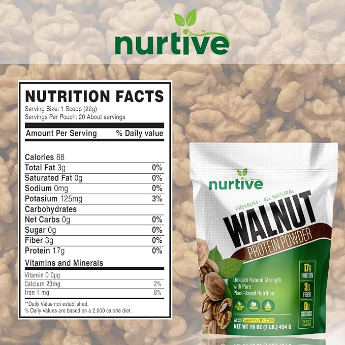 Walnut Protein Powder - Rich in Omega-3 &amp Plant-Based Protein - Antioxidant Boost - Ideal for Smoothies &amp Baking - Gluten Free Vegan Non GMO - 20 Servings (16 oz / 454 g)