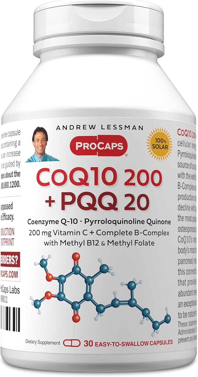 ANDREW LESSMAN Coenzyme Q-10 200 Plus PQQ 20mg - 30 Capsules - Maintains CoQ10 Levels Optimum Cellular Energy Supports Energy Production Heart Brain Liver Kidney Pancreas. No Additives