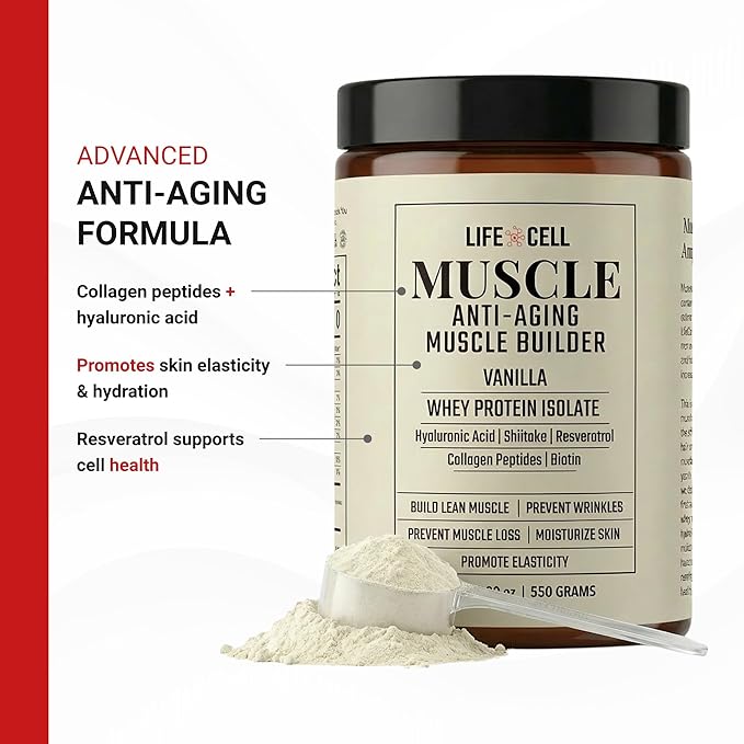 LifeCell Whey Protein – Anti-Aging Muscle Builder with Shiitake Mushroom Collagen &amp Hyaluronic Acid – Vanilla No Sugar Added Soy-Free Gluten-Free 550g