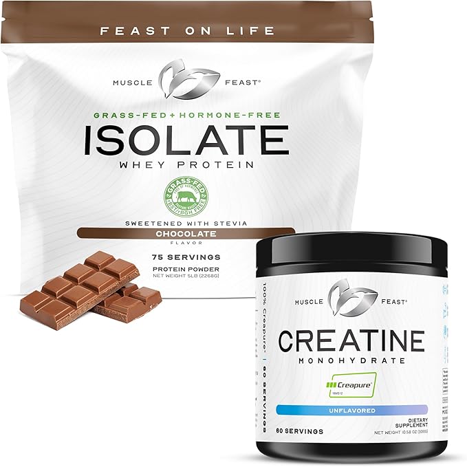 Muscle Feast Creatine + Isolate Bundle: 1 Creatine Powder (Unflavored 300g) + 1 Whey Protein Isolate (Chocolate 5lb) | Premium Supplements Vegetarian Gluten Free