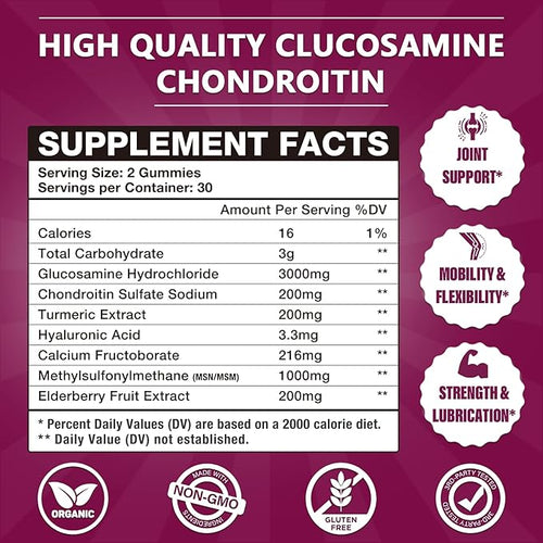 2 Packs 3000MG Glucosamine Chondroitin Gummies Extra Strength Joint Support Supplement with MSM &amp Elderberry Flexibility Antioxidant Immune Support Gummy for Adults Men &amp Women 120Cts