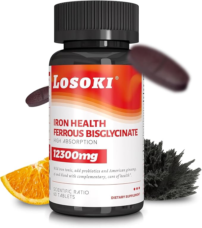 Losoki Iron Bisglycinate 20 mg with Vitamin C B12 American Ginseng &amp Probiotics Gentle on The Stomach Supports Energy &amp Iron Deficiency - Non GMO 60 Tablets