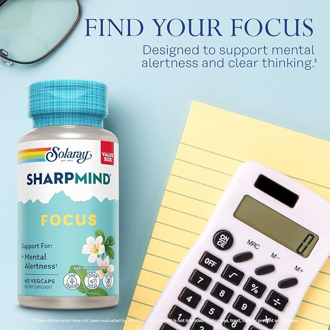 SOLARAY SharpMind Focus Mental Alertness Nootropic Supplement for Healthy Brain Fog Cognizin Citicoline Lions Mane Mushroom Bacopa Monnieri 60 Day Money Guarantee 60 Serv 60 Veg Caps