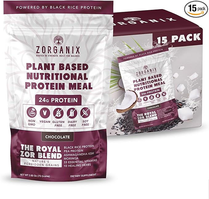 Black Rice Protein Powder Plant Based Organic Protein Powder Meal Replacement Shake 15 Single Serve Packs with 24g of Protein Per Serving Vegan &amp Gluten Free 2.32 Pounds (Chocolate)