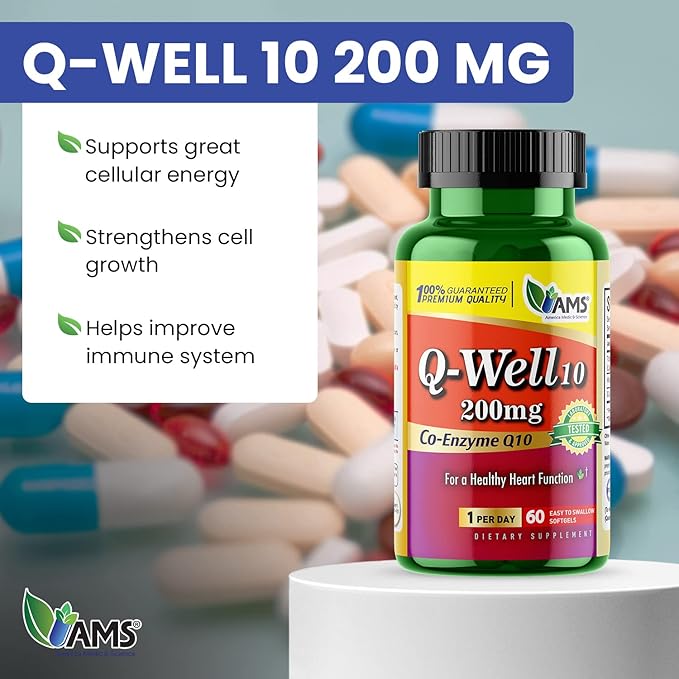 America Medic &amp Science Q-Well-10 (60 Count) | CoQ10 200mg Softgels | Nutritional Supplement with Coenzyme Q10 and Vitamin E | High Absorption Antioxidant for Enhanced Wellness and Heart Health