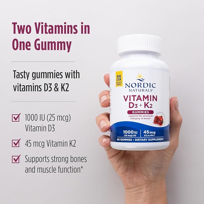 Nordic Naturals Vitamin D3 + K2 Gummies Pomegranate - 60 Gummies - 1000 IU Vitamin D3 + 45 mcg K2 - Great Taste - Bone Health Promotes Healthy Muscle Function - Non-GMO - 60 Servings