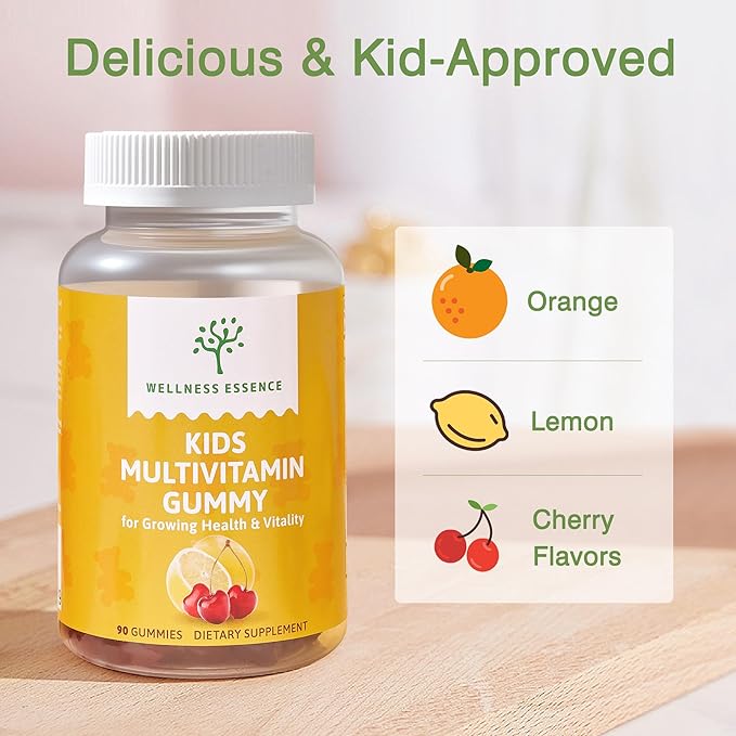 Kids Multivitamin Gummy - for Growing Health &amp Vitality | 2 Pack (180 Gummies Total) | Lemon Orange Cherry Flavors | Packed with Pantothenic Acid Folic Acid Zinc Iodine &amp Biotin