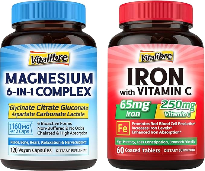 Magnesium Complex Supplement 6 in 1+ Women's Probiotics 100 Billion CFU + Iron Supplement 65mg Carbonyl Iron with 250mg Vitamin C