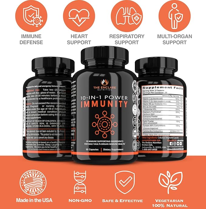 THE ENCLARE NUTRITION 10 in 1 Immune Support Booster Supplement with Echinacea Vitamin C and Zinc Turmeric Ginger B6 Elderberry for Adults Immunity Defense Vitamins Made in USA Veg Cap 60 Ct (1)