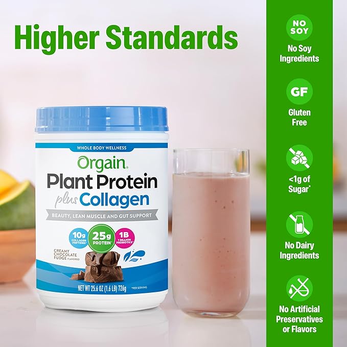 Orgain Protein Powder + Collagen Creamy Chocolate Fudge - 25g of Protein 10g Collagen Peptides Type I &amp III 1B CFU Probiotics Supports Hair Skin Nail Joint &amp Gut Health Gluten Free -