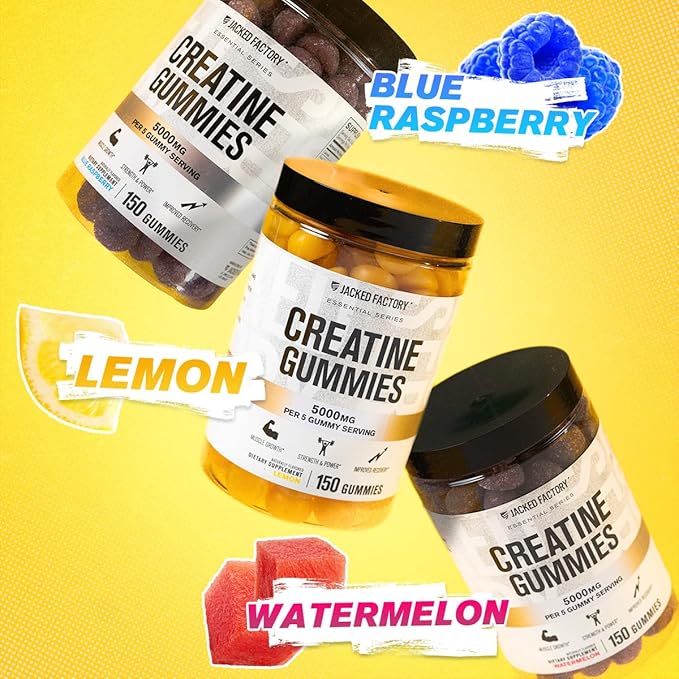 Jacked Factory Creatine Gummies 5g Daily Dose (1g per Gummy) - Creatine Gummy for Men and Women Vegan-Friendly Travel-Friendly Third-Party Tested - 150 Gummies Lemon