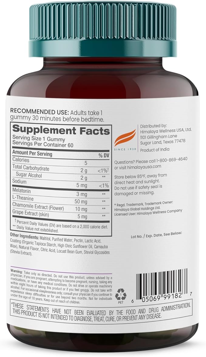 Himalaya Melatonin Sugar-Free Gummies Supports Restful Sleep Vegan Gluten-Free 3 mg Melatonin 60 Gummies