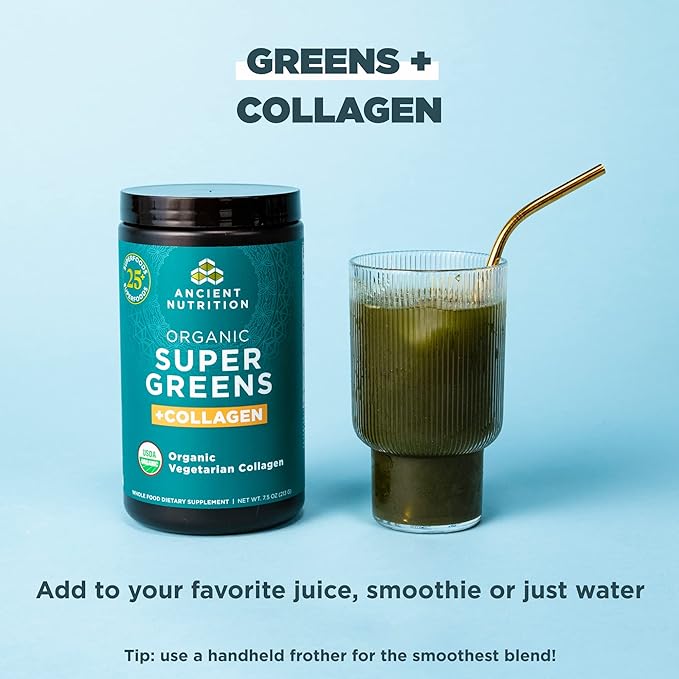 Ancient Nutrition Supergreens Powder Organic Superfood Powder with Collagen Made from Real Fruits Vegetables and Herbs for Digestive and Energy Support 25 Servings 7.5oz