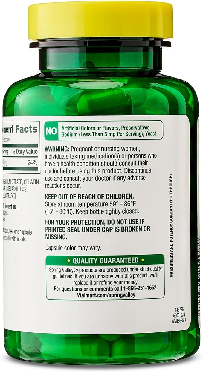 Spring Valley Rapid-Release Magnesium Citrate Bone Health Dietary Supplement Capsules 100 mg 100 Count + SUREFECT Organizer.