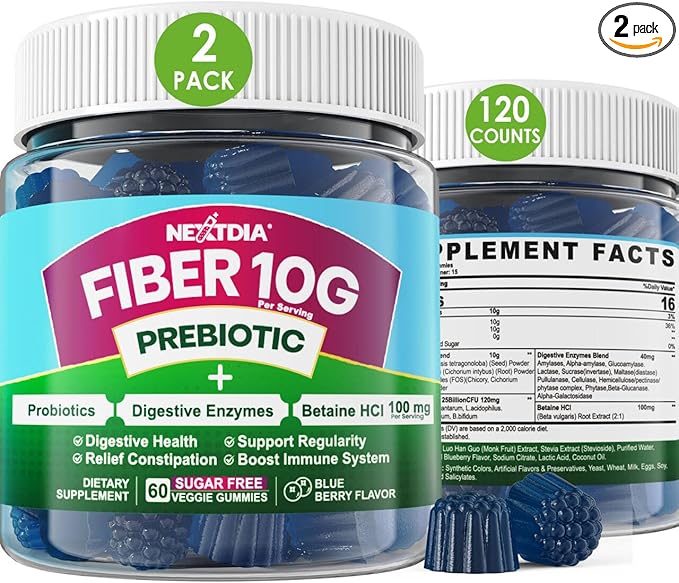 Fiber Gummies for Adults Sugar Free 10g Prebiotic Fiber Supplement with Digestive Enzymes Probiotics &amp 100mg Betaine for Digestive &amp Gut Health and Regulate Bowel Movement Vegan Gelatin Fr