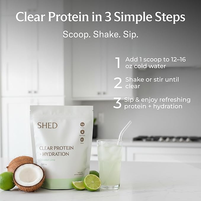 Clear Protein Powder with Electrolytes by Shed 15g Whey Protein Isolate Low Calorie and Lactose Free Light and Clean Hydration Drink Bloat-Free Post Workout Supplement Coconut Lime (15 Servings)